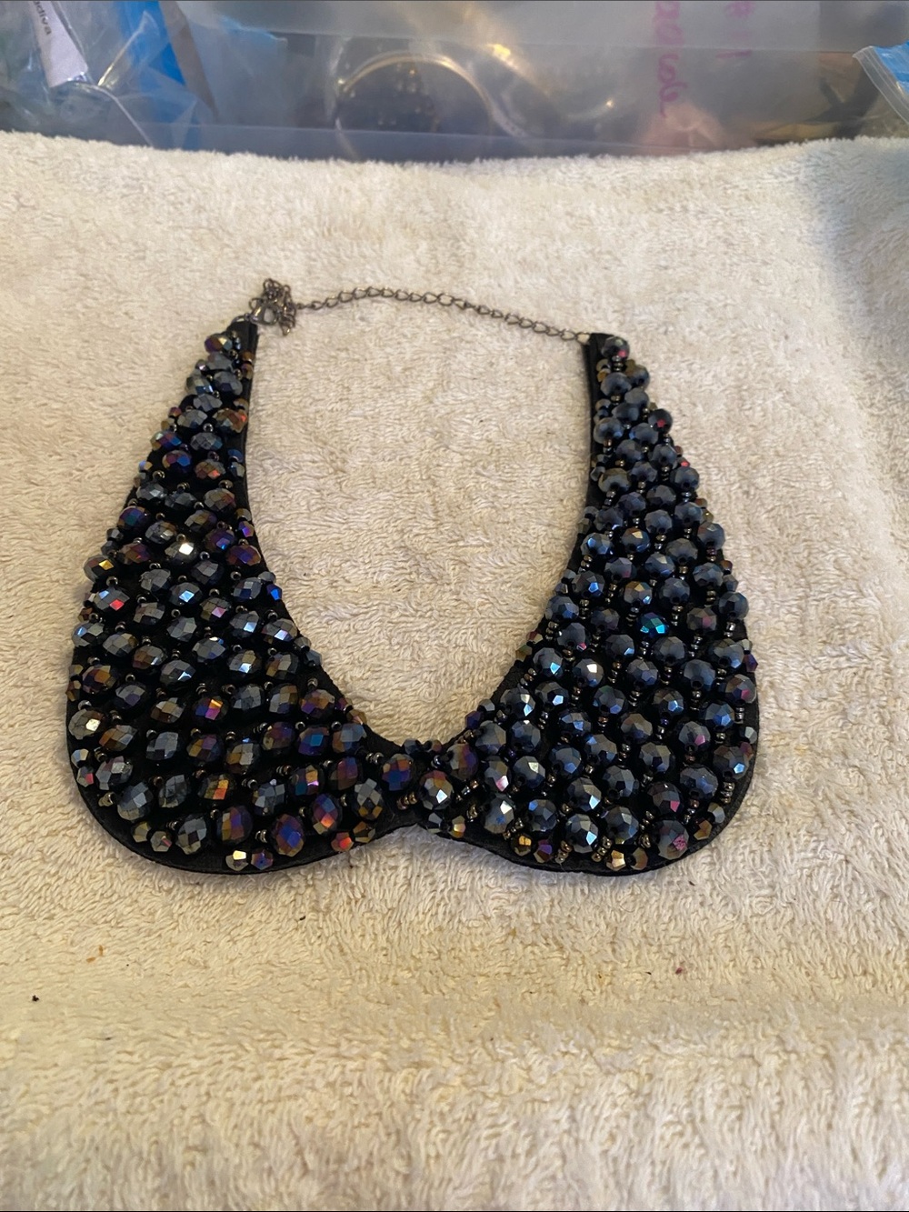Iridescent Black Beaded Collar Necklace - Sparkle Statement Bib